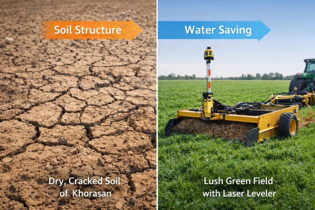 مقایسه زمین کشاورزی قبل و بعد از استفاده از ادوات مناسب اقلیم خراسان (لولر لیزری و اسکریپر)
