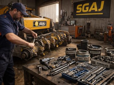 تکنسین در حال سرویس اسکریپر — نگهداری ادوات کشاورزی جوین