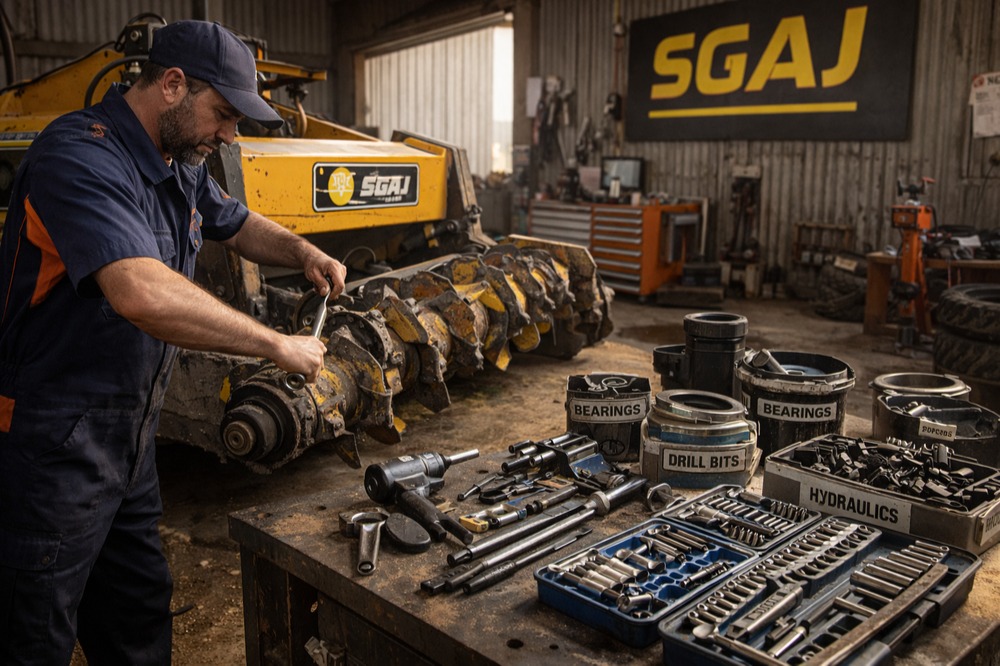 تکنسین در حال سرویس اسکریپر — نگهداری ادوات کشاورزی جوین