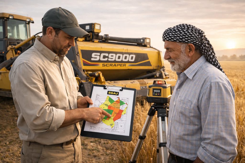 مشاوره تجهیز زمین حکم‌آباد در حال تراز با لولر لیزری — مشاوره تجهیز زمین حکم‌آباد