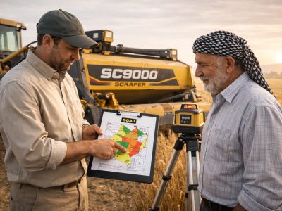 مشاوره تجهیز زمین حکم‌آباد در حال تراز با لولر لیزری — مشاوره تجهیز زمین حکم‌آباد