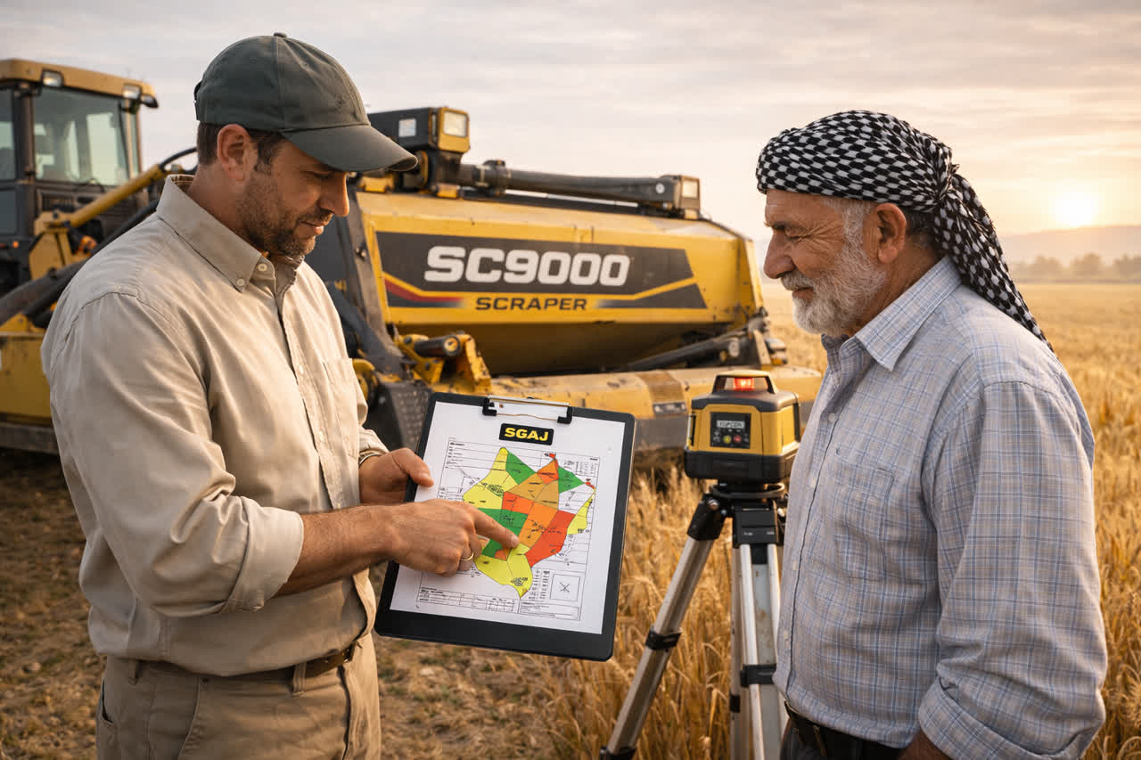 مشاوره تجهیز زمین حکم‌آباد در حال تراز با لولر لیزری — مشاوره تجهیز زمین حکم‌آباد